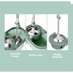 Set mop rotativ cu galeata Kaveny, material plastic si microfibra, o rezerva inclusa, rezistent, cu dop scurgere, vas detasabil, orificiu pentru solutie, pentru interior, capacitate 8 l, verde