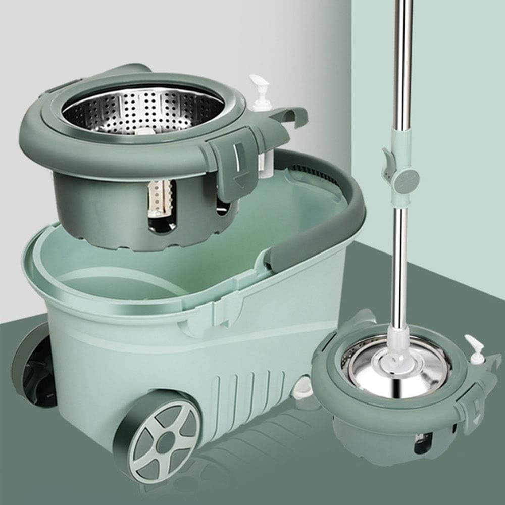Set mop rotativ cu galeata Kaveny, material plastic si microfibra, o rezerva inclusa, rezistent, cu dop scurgere, vas detasabil, orificiu pentru solutie, pentru interior, capacitate 8 l, verde