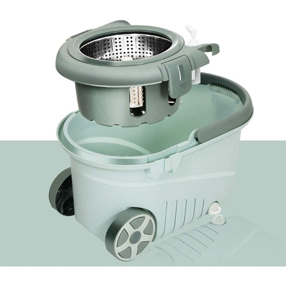 Set mop rotativ cu galeata Kaveny, material plastic si microfibra, o rezerva inclusa, rezistent, cu dop scurgere, vas detasabil, orificiu pentru solutie, pentru interior, capacitate 8 l, verde