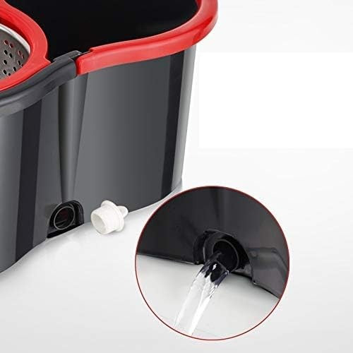 Set mop rotativ cu galeata Kaveny, material plastic si microfibra, rezistent, cu dop scurgere, vas detasabil, pentru interior, capacitate 8 l, negru/rosu