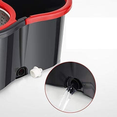 Set mop rotativ cu galeata Kaveny, material plastic si microfibra, rezistent, cu dop scurgere, vas detasabil, pentru interior, capacitate 8 l, negru/rosu