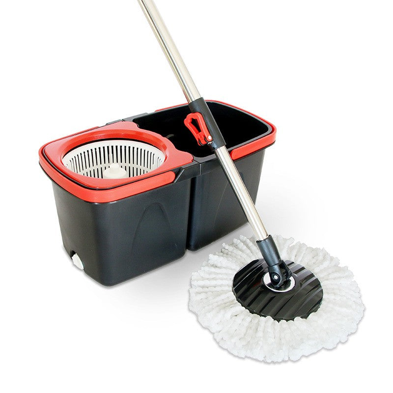 Set mop rotativ cu galeata Kaveny, material plastic si microfibra, rezistent, cu dop scurgere, vas detasabil, pentru interior, capacitate 8 l, negru/rosu