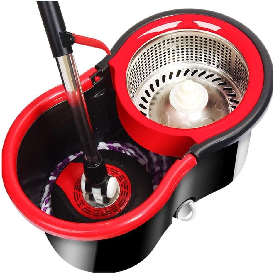 Set mop rotativ cu galeata Kaveny, material plastic si microfibra, rezistent, cu dop scurgere, vas detasabil, pentru interior, capacitate 8 l, negru/rosu