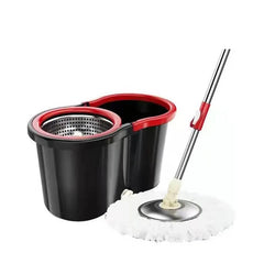 Set mop rotativ cu galeata Kaveny, material plastic si microfibra, rezistent, cu dop scurgere, vas detasabil, pentru interior, capacitate 8 l, negru/rosu
