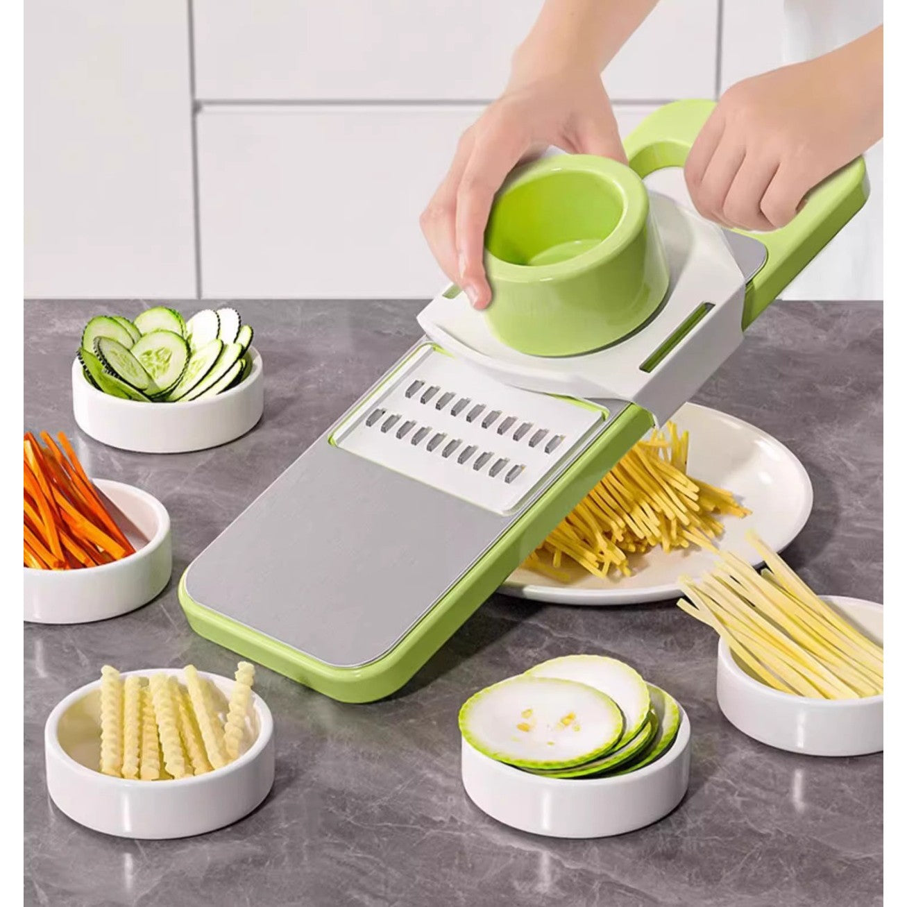 Set Multifunctional din 7 Piese, Kadeny, pentru Taierea si Maruntirea Legumelor, Uz Casnic,din Otel Inoxidabil, Gri-Verde