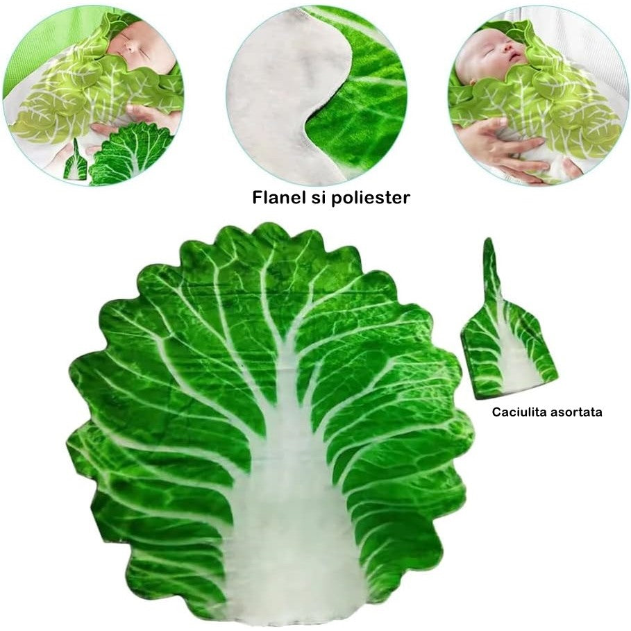 Set patura flanel si caciula Kaveny, forma frunza de salata, pentru nou-nascuti, material poliester, 85 cm, verde