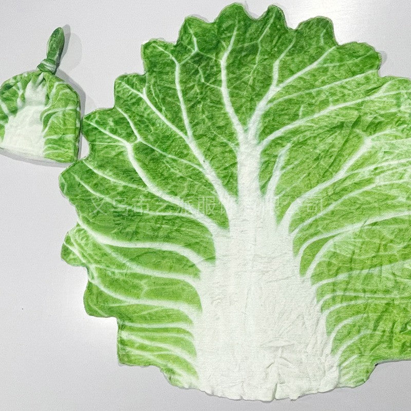 Set patura flanel si caciula Kaveny, forma frunza de salata, pentru nou-nascuti, material poliester, 85 cm, verde