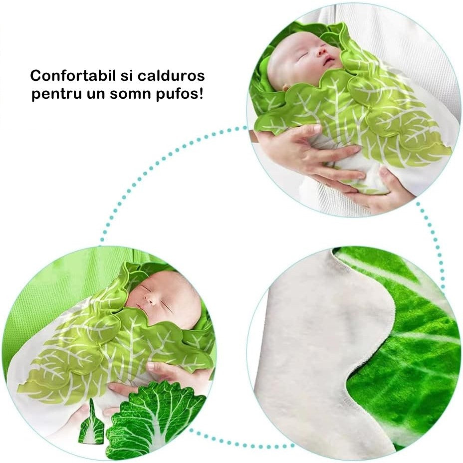 Set patura flanel si caciula Kaveny, forma frunza de salata, pentru nou-nascuti, material poliester, 85 cm, verde
