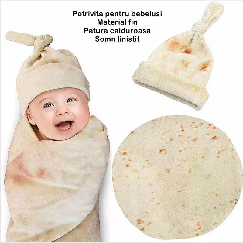 Set patura flanel si caciula Kaveny, forma lipie, pentru nou-nascuti, material poliester, 85 cm, crem