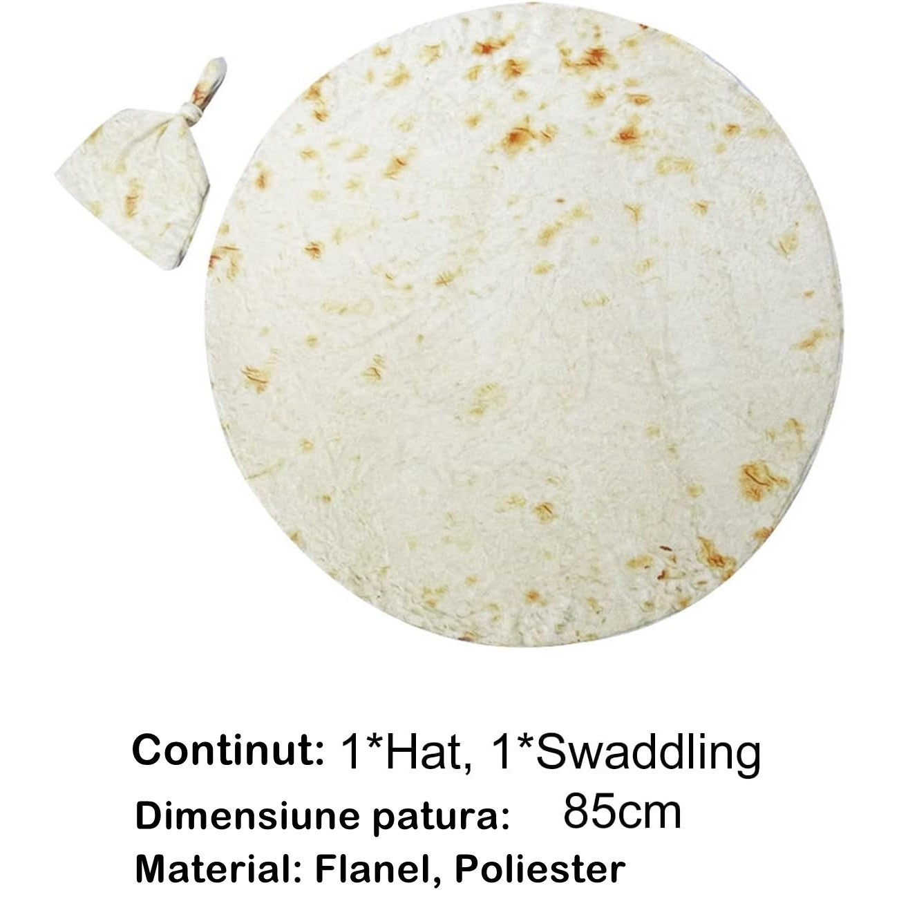 Set patura flanel si caciula Kaveny, forma lipie, pentru nou-nascuti, material poliester, 85 cm, crem