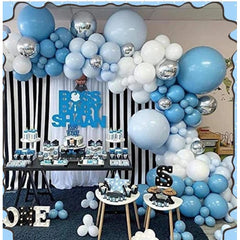 Baloane decorative Arcada, pentru Baieti, BABY SHOWER, Kaveny, Arcada Baby BOSS, Set din 154 baloane, Model Petrecere, Baloane Party, 12 cm, 30 cm, 45 cm, Albastru, Bleu, Alb, Argitiu