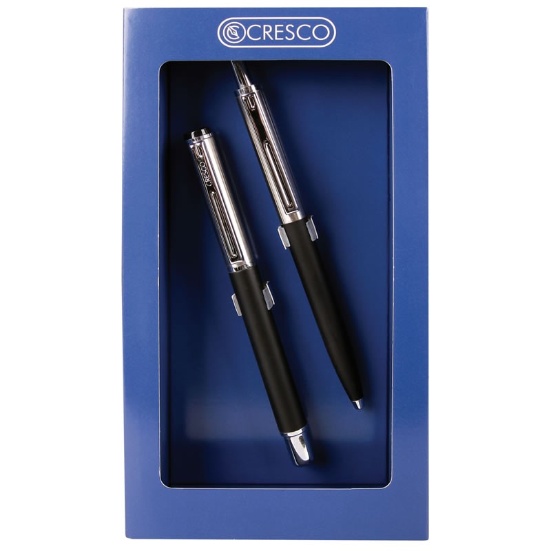 Set cadou stilou + pix Cresco Reporter 290035, corp metalic negru clips argintiu