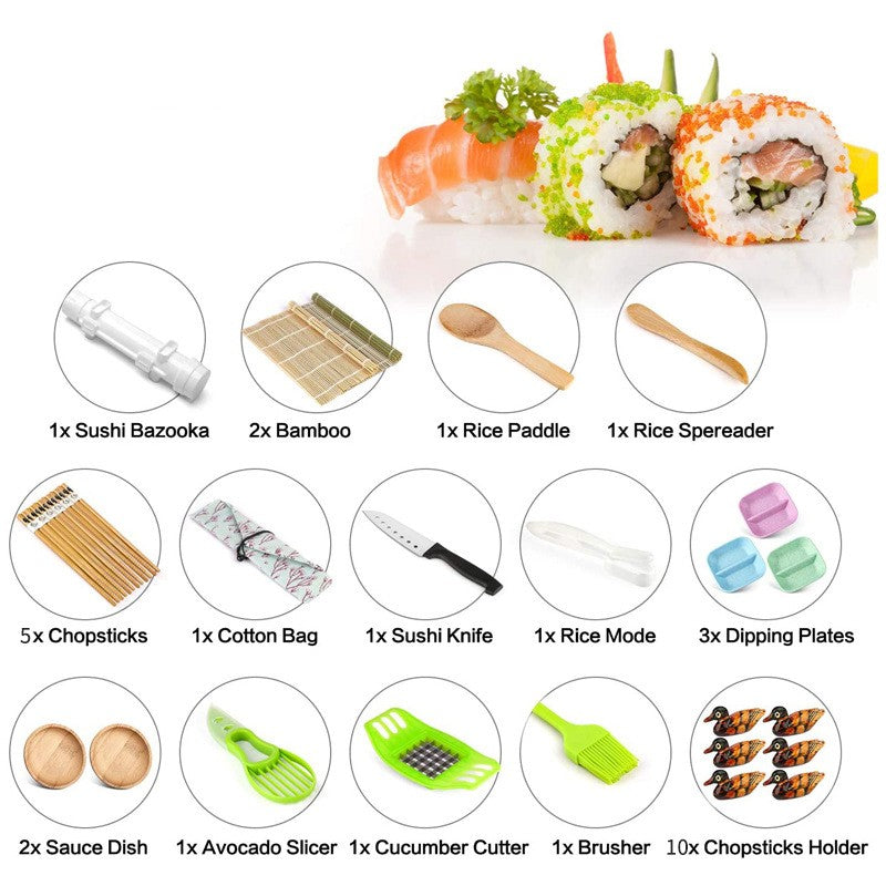 Set Ustensile pentru Sushi, Kaveny, Set din 31 Accesorii pentru Sushi, Set pentru Sushi HOME MADE, Cutit Inclus, Forme, Betisoare, Multicolor