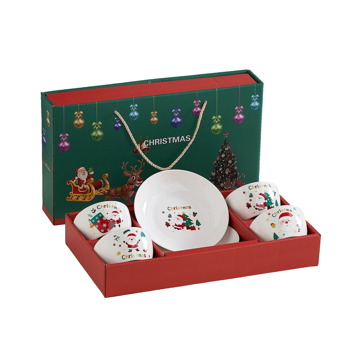 Set Vesela Festiva, Kadeny, Tema Craciun, 4 x Boluri 300 ml, 2 x Farfurii 18 x 3.4 cm, din Ceramica, Model 2, Multicolor