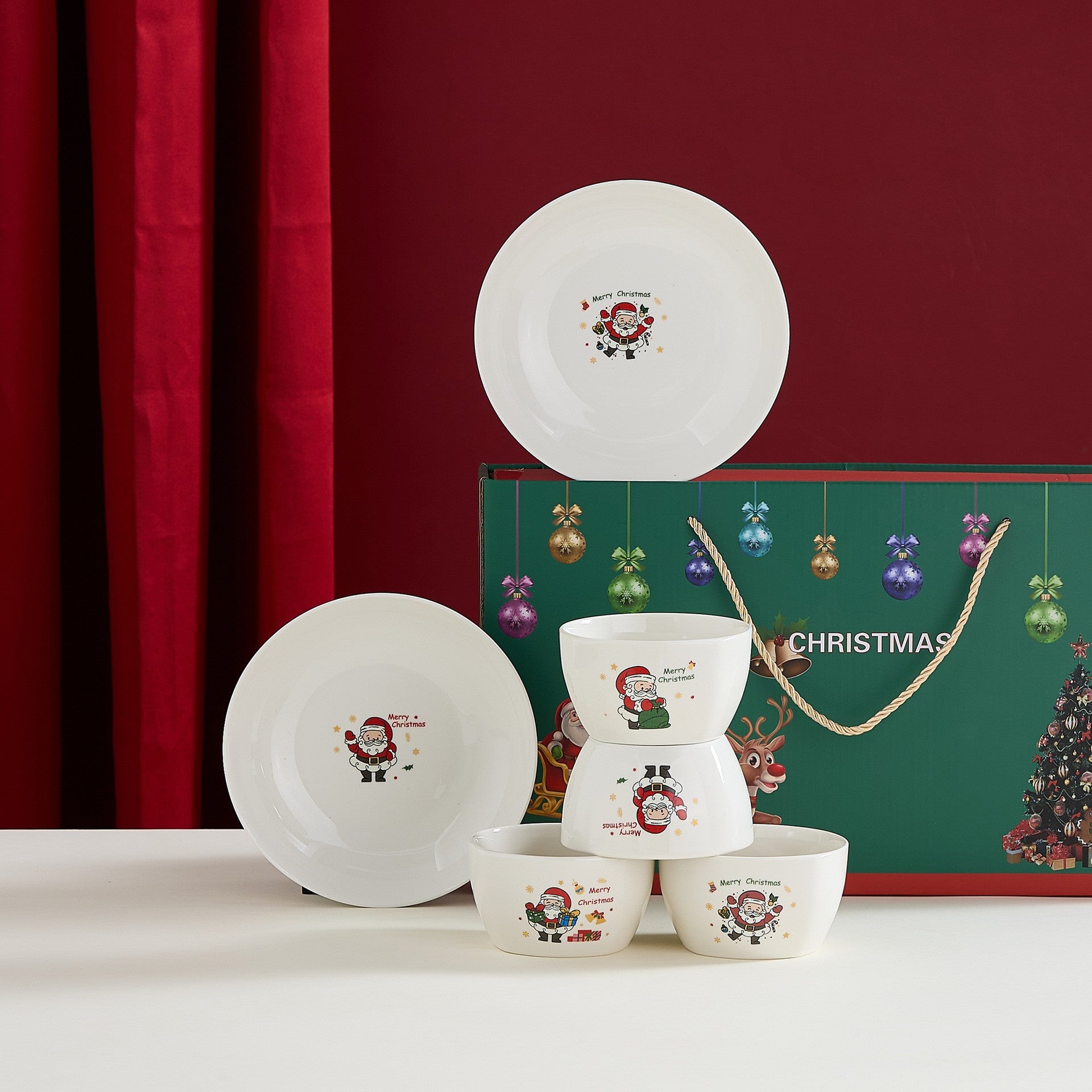 Set Vesela Festiva, Kadeny, Tema Craciun, 4 x Boluri 300 ml, 2 x Farfurii 18 x 3.4 cm, din Ceramica, Model 3, Multicolor