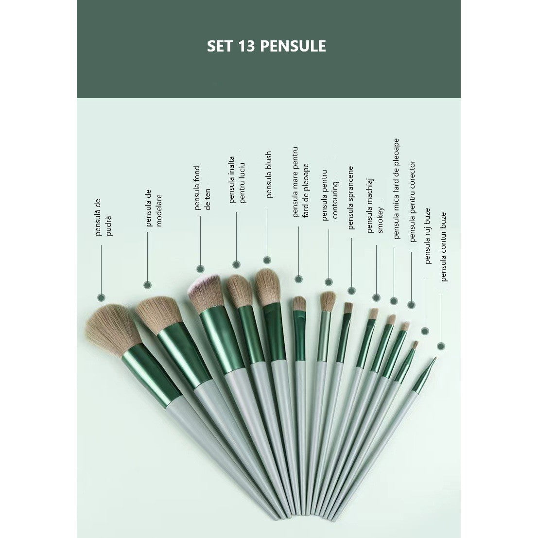 Set 13 pensule pentru machiaj, Kaveny, super soft, makeup profesional/incepatori, verde