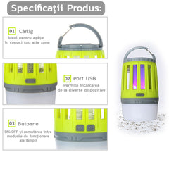 Lampa UV antiinsecte Kaveny, anti muste, anti tantari, Conectare la priza prin USB, portabil, 3.7 V, 200 lumeni, 8.5 x 13.3 cm, Verde