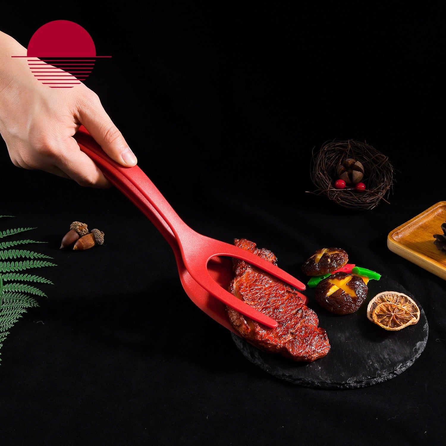 Spatula Multifunctionala tip Cleste, Kaveny, Spatula Cleste pentru Gatit, Silicon PP, pentru Alimente, Carne, Paine, 31 x 8.5 cm Rosu