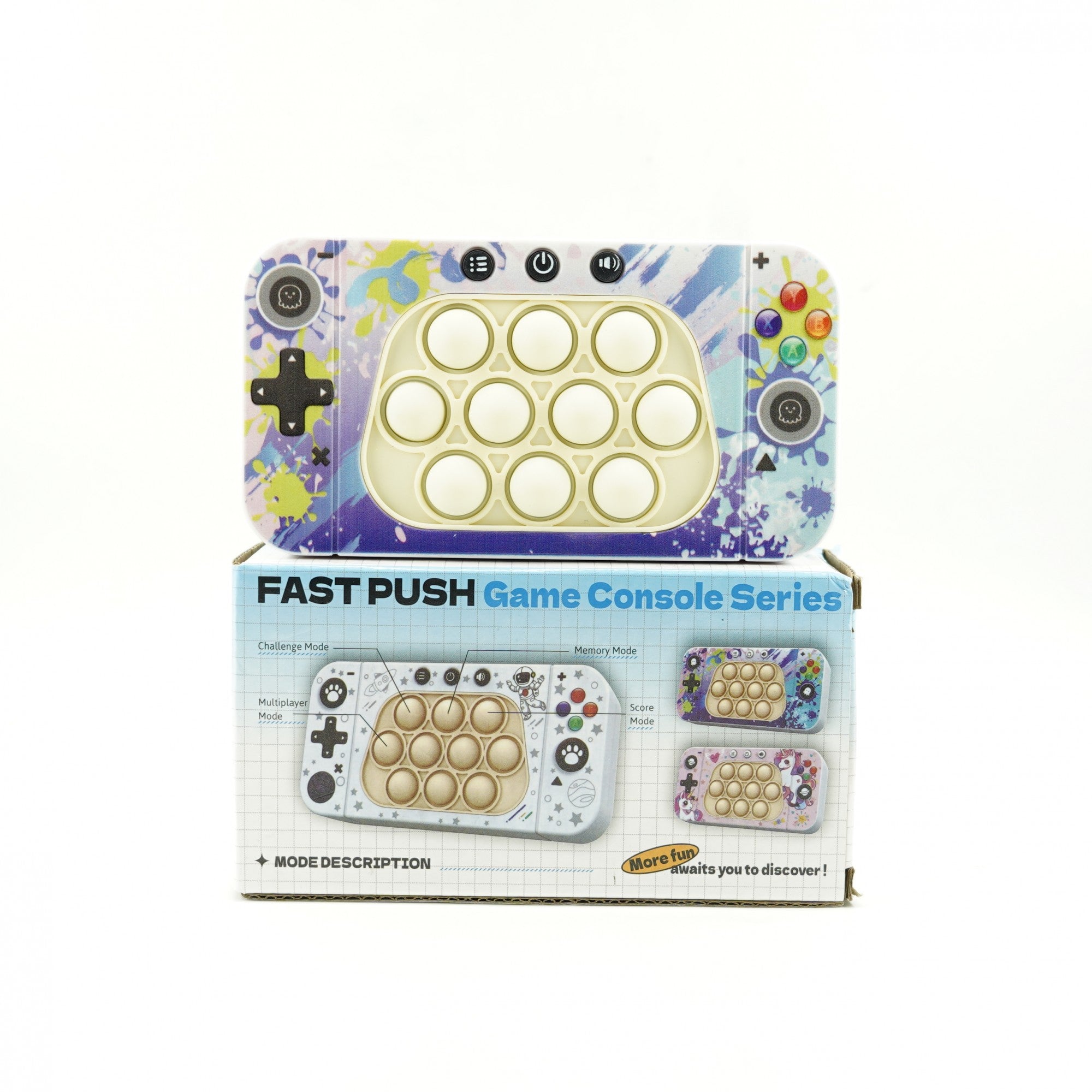 Jucarie interactiva tip consola pentru copii Kaveny, speed push whack-a-mole, joc de viteza pop it, material ABS/silicon, cu nivele, sunete si lumini, 15.5 x 7.6 x 5.3 cm, model culori, multicolor
