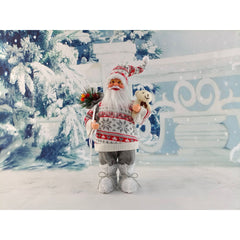 Figurina Decorativa Craciun, Kadeny, Mos Craciun cu Flori si Urs, 30 x 17 x 10 cm, Material Plastic+Textil, Interior/Exterior, Rosu/Gri