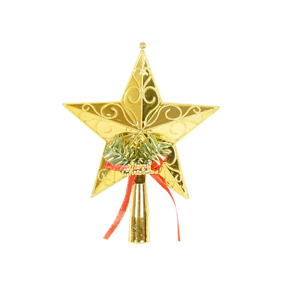 Varf decorativ de brad, Auriu, in forma de Stea, cu decoratiune Merry Christmas, din Plastic, 18.5 x 15 cm, Interior,Exterior, Kaveny