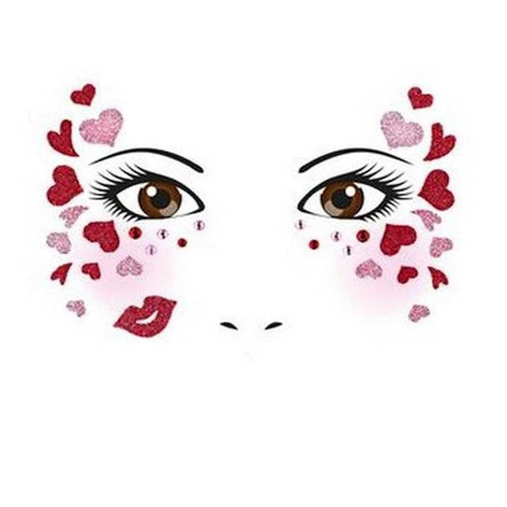 Sticker Temporar pentru Fata, Kaveny, pentru Machiaj, Face Art, Halloween, Teatru, Tema Ziua Indragostitilor, Model cu Inimioare, Multicolor