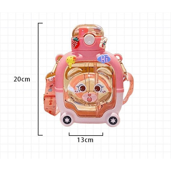 Sticla cu pai pentru copii, Kaveny, model ursulet, gradata, stickere aplicate, curea reglabila, din plastic rezistent la cadere, 1l, Roz, 20 x 13 cm