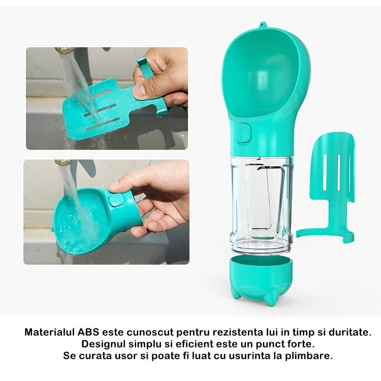 Sticla portabila 4 in 1 Kaveny, pentru caini si pisici, cu 3 compartimente + lopetica, 300ml, apa, hrana, pungi igienice, lopetica, 26.7 x 9.7 x 9.4 cm, turcoaz