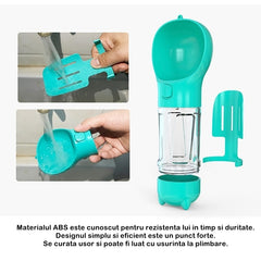 Sticla portabila 4 in 1 Kaveny, pentru caini si pisici, cu 3 compartimente + lopetica, 300ml, apa, hrana, pungi igienice, lopetica, 26.7 x 9.7 x 9.4 cm, turcoaz