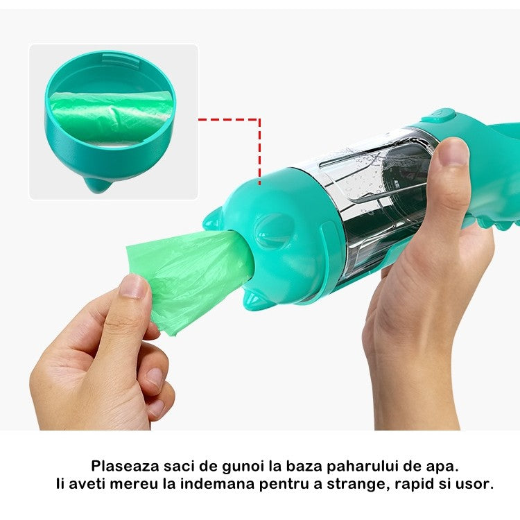 Sticla portabila 4 in 1 Kaveny, pentru caini si pisici, cu 3 compartimente + lopetica, 300ml, apa, hrana, pungi igienice, lopetica, 26.7 x 9.7 x 9.4 cm, turcoaz
