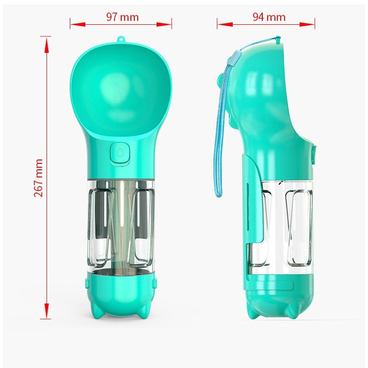 Sticla portabila 4 in 1 Kaveny, pentru caini si pisici, cu 3 compartimente + lopetica, 300ml, apa, hrana, pungi igienice, lopetica, 26.7 x 9.7 x 9.4 cm, turcoaz