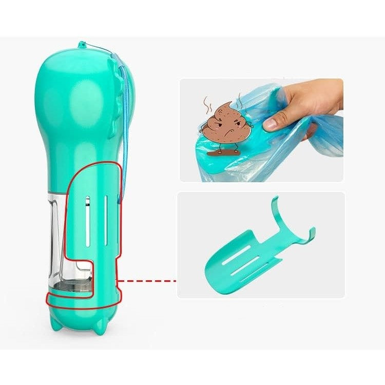 Sticla portabila 4 in 1 Kaveny, pentru caini si pisici, cu 3 compartimente + lopetica, 300ml, apa, hrana, pungi igienice, lopetica, 26.7 x 9.7 x 9.4 cm, turcoaz