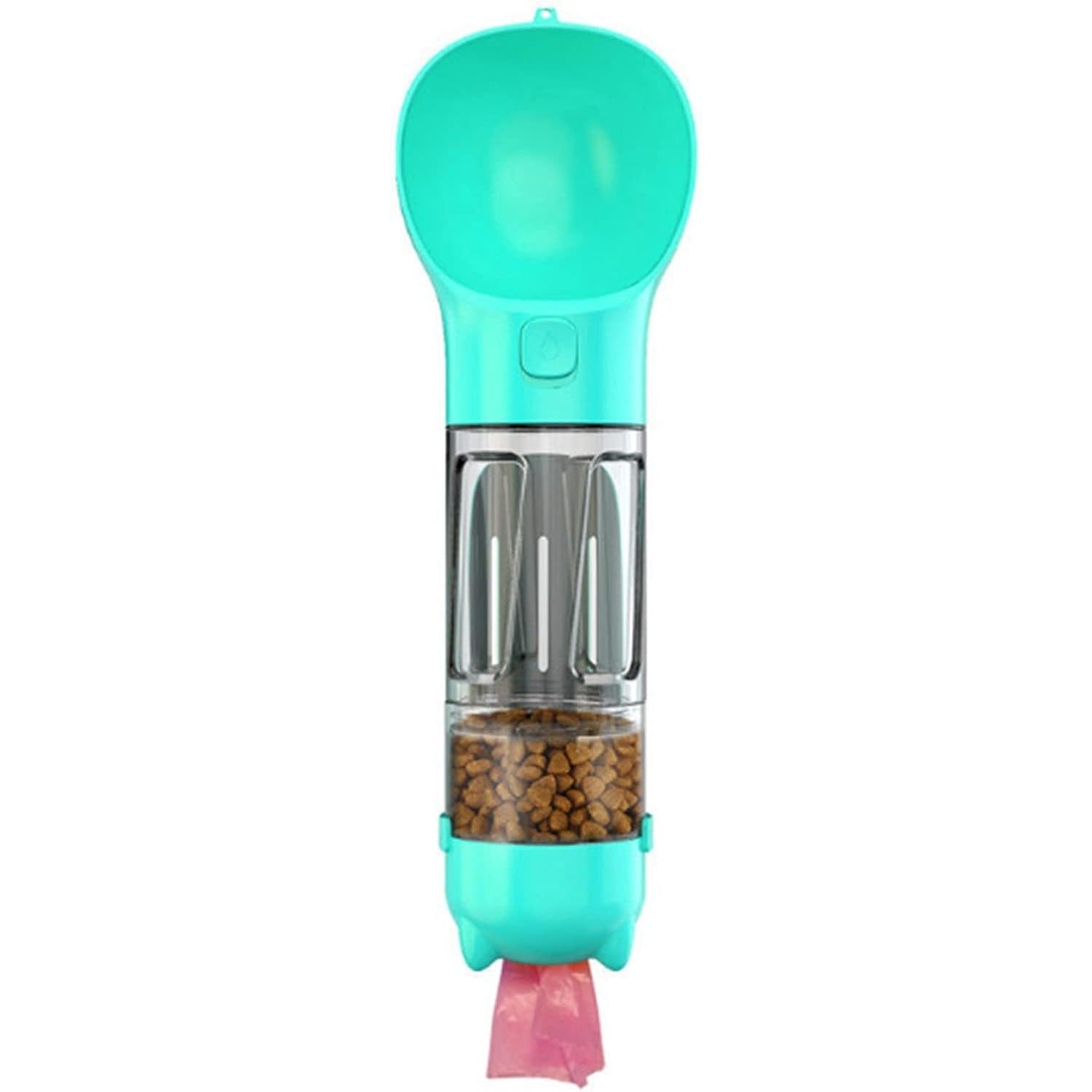 Sticla portabila 4 in 1 Kaveny, pentru caini si pisici, cu 3 compartimente + lopetica, 300ml, apa, hrana, pungi igienice, lopetica, 26.7 x 9.7 x 9.4 cm, turcoaz