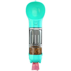 Sticla portabila 4 in 1 Kaveny, pentru caini si pisici, cu 3 compartimente + lopetica, 300ml, apa, hrana, pungi igienice, lopetica, 26.7 x 9.7 x 9.4 cm, turcoaz
