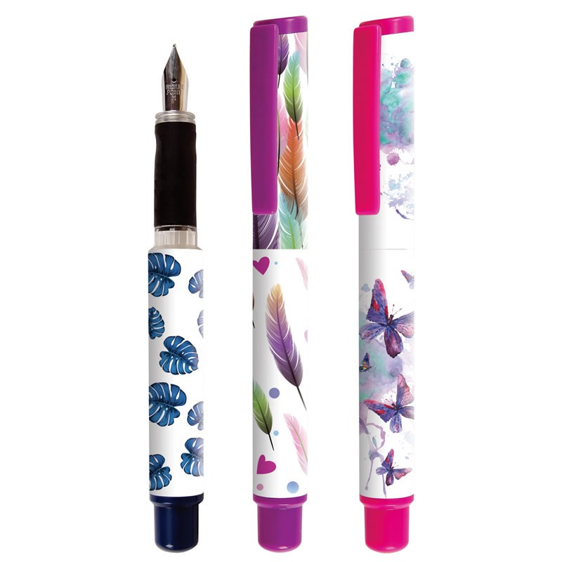 Stilou Cresco GoPen 202000-C, penita iridium, alimentare rezerve, corp plastic diverse culori, model natura, fluturi, pene