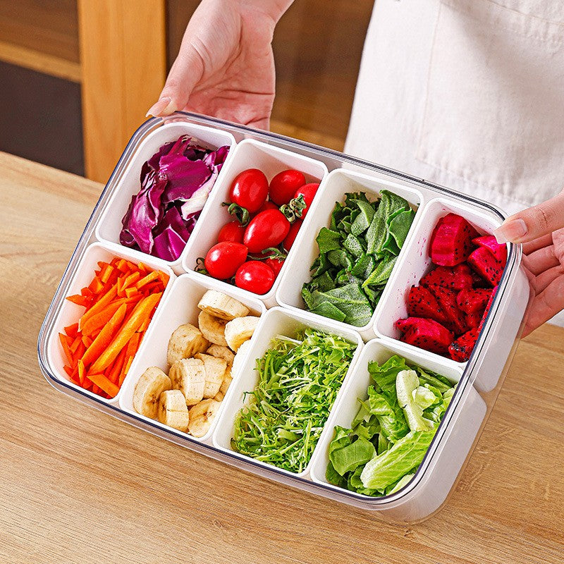 Cutie pentru Depozitare Alimente, Kadeny, 8 Compartimente cu Capac, Material PET+PP, 29 x 20 x 9 cm, Alb/Transparent