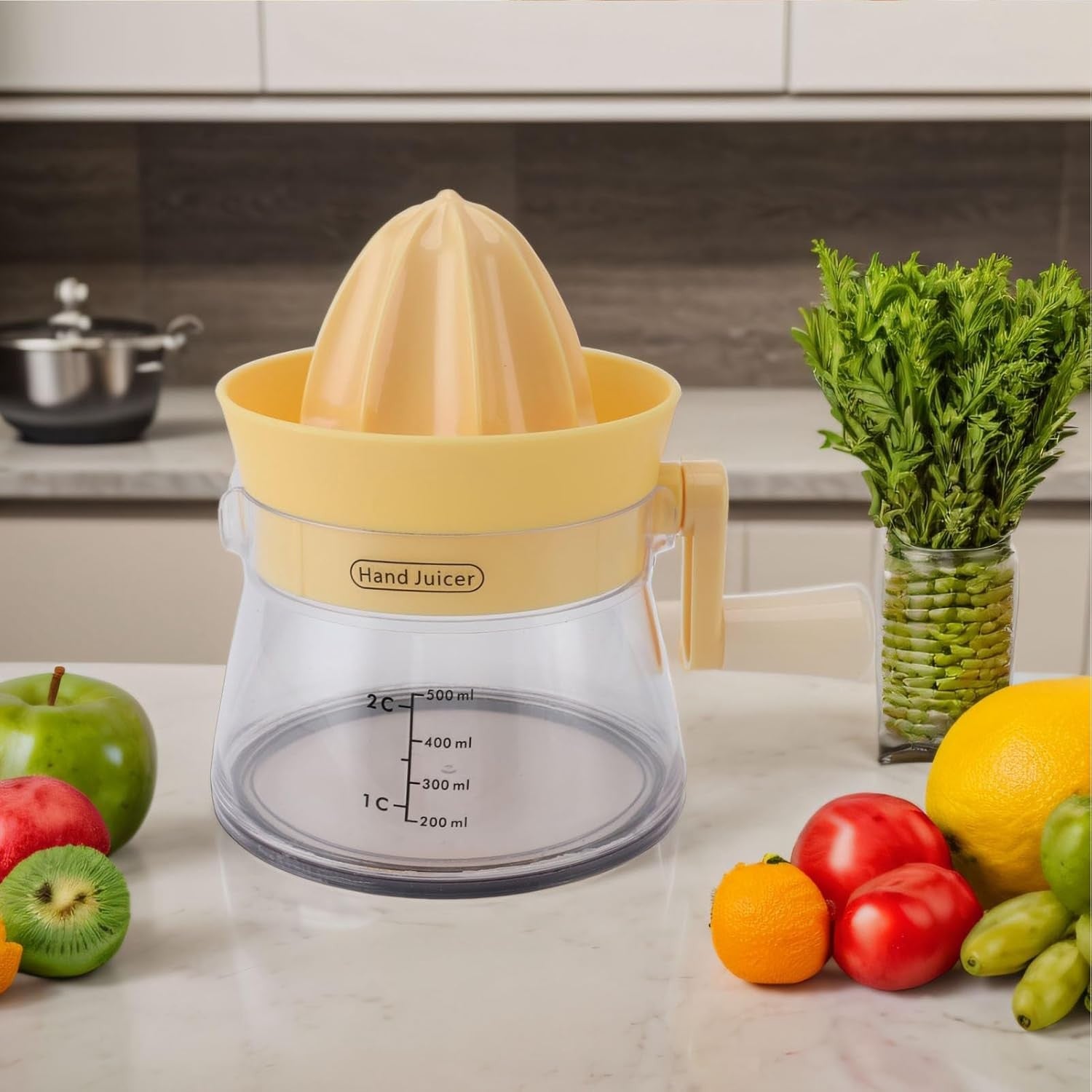 Storcator de Citrice Manual, Kadeny, Rezistente, Usor de Folosit si Depozitat, Durabil, Calitativ, 16.5x13cm, Transparent/ Galben