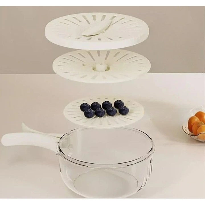 Strecuratoare 2 in 1 pentru Fructe si Legume, Kadeny, Cos de Scurgere si Cutie de Depozitare, 15.5 x 8.3 cm, din PP, cu Maner si Capac, Alb