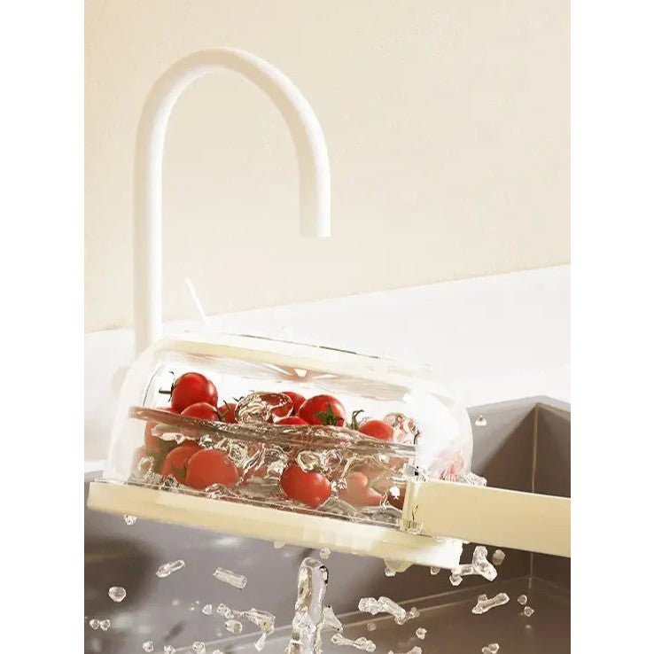 Strecuratoare 2 in 1 pentru Fructe si Legume, Kadeny, Cos de Scurgere si Cutie de Depozitare, 15.5 x 8.3 cm, din PP, cu Maner si Capac, Alb