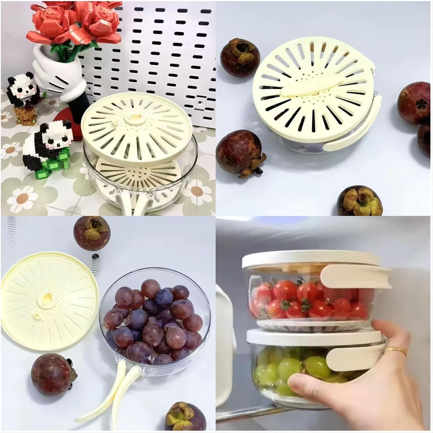 Strecuratoare 2 in 1 pentru Fructe si Legume, Kadeny, Cos de Scurgere si Cutie de Depozitare, 15.5 x 8.3 cm, din PP, cu Maner si Capac, Alb