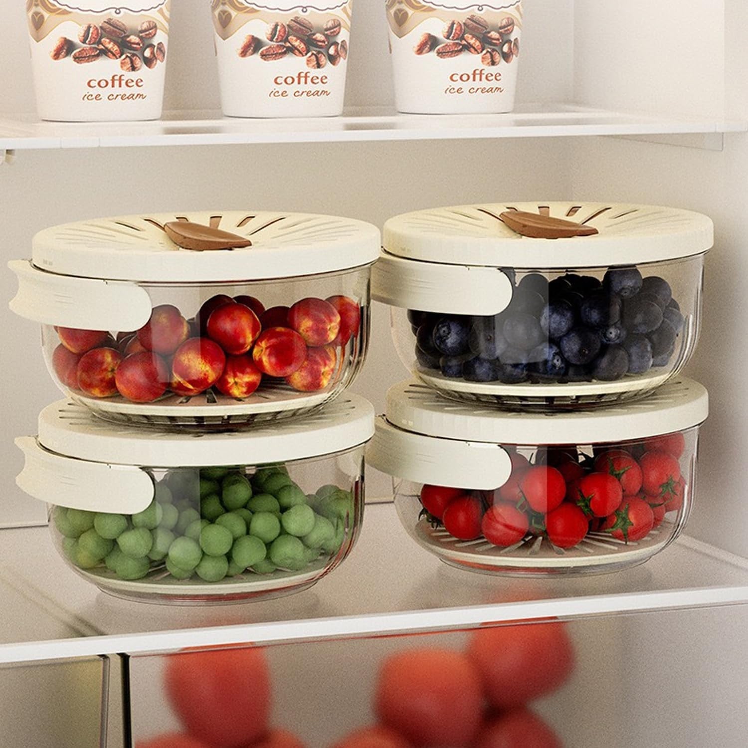 Strecuratoare 2 in 1 pentru Fructe si Legume, Kadeny, Cos de Scurgere si Cutie de Depozitare, 15.5 x 8.3 cm, din PP, cu Maner si Capac, Maro