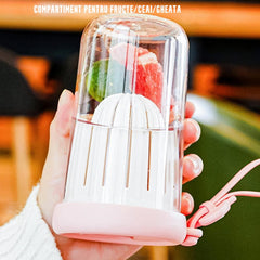 Pahar din silicon, cu capac si pai, pentru copii, Kaveny, anti-cadere, compartiment pentru fructe/ceai/gheata, rezistent la temperaturi inalte, 500ml, Roz, 14.5x8.8x20 cm