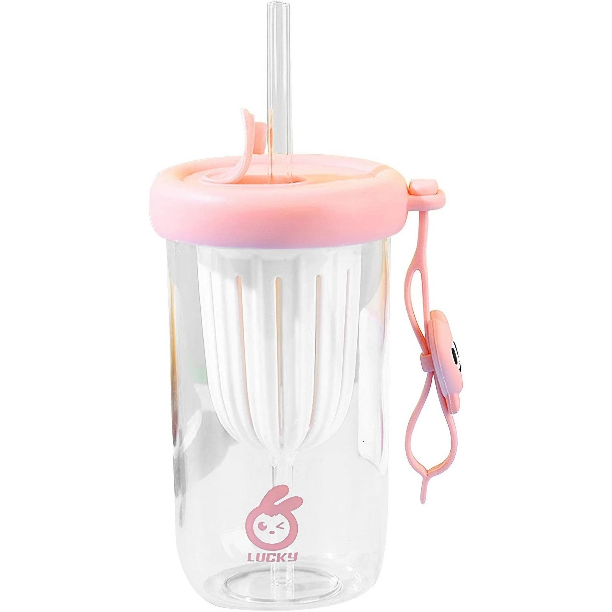Pahar din silicon, cu capac si pai, pentru copii, Kaveny, anti-cadere, compartiment pentru fructe/ceai/gheata, rezistent la temperaturi inalte, 500ml, Roz, 14.5x8.8x20 cm