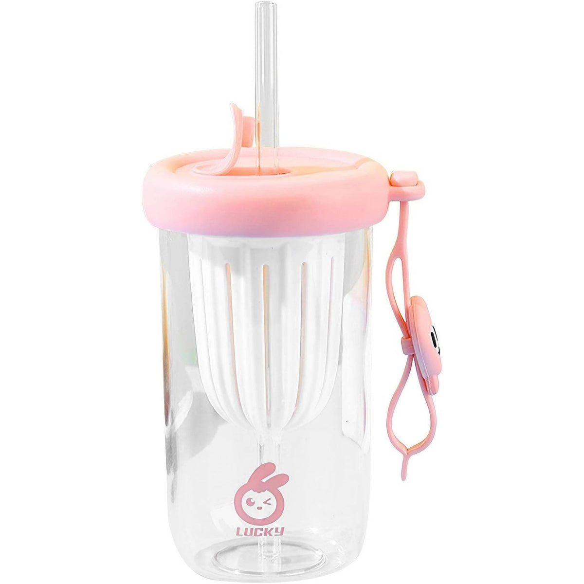 Pahar din silicon, cu capac si pai, pentru copii, Kaveny, anti-cadere, compartiment pentru fructe/ceai/gheata, rezistent la temperaturi inalte, 500ml, Roz, 14.5x8.8x20 cm