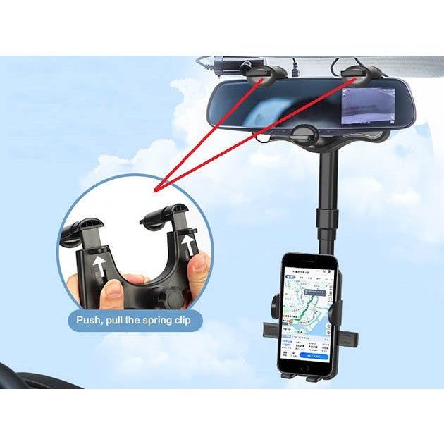 Suport auto Kadeny cu atasare la oglinda retrovizoare, rotativ 360 de grade si retractabil, multifunctional, compatibil cu toate telefoanele mobile, Finisaj Carbon, Negru