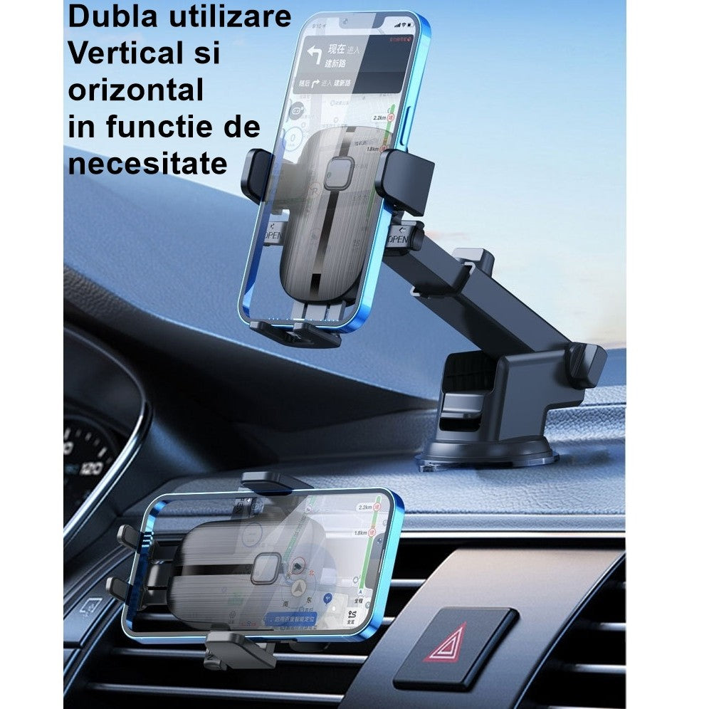 Suport Auto Telefon Kadeny, Prindere Grila Ventilatie, Tija Fixare Reglabila, Rotativ 90 grade, Design Modern, Detalii Fine, Material Plastic si Silicon, 11 x  8.5 cm, Negru