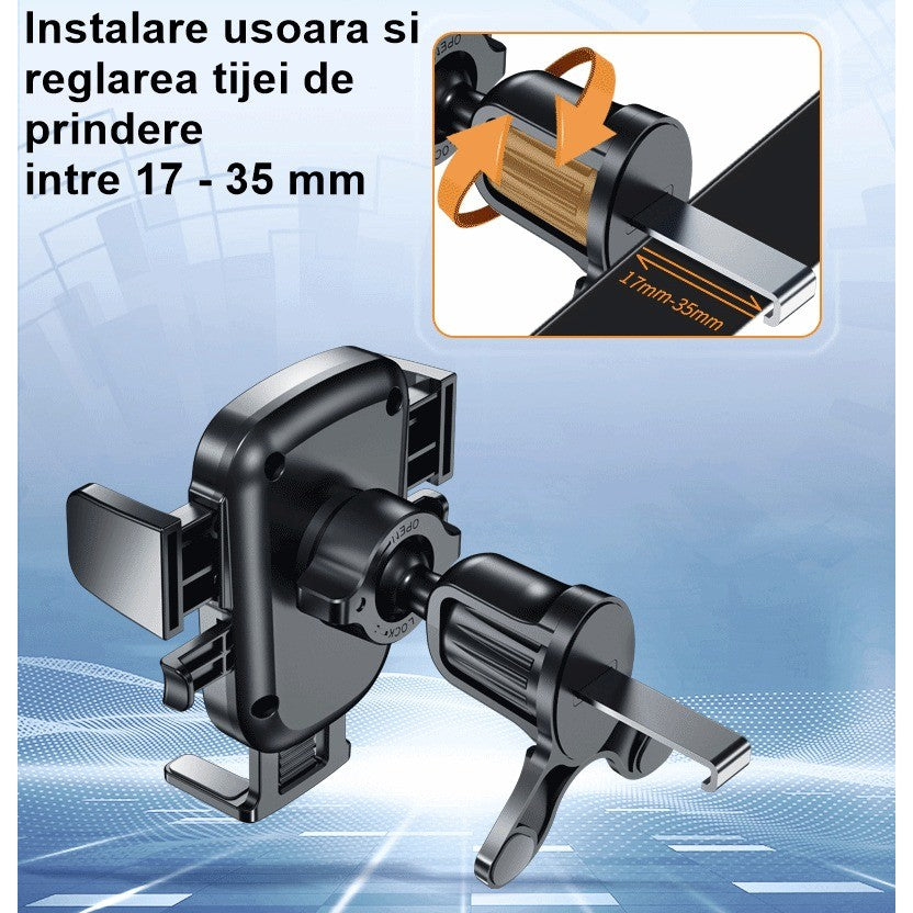 Suport Auto Telefon Kadeny, Prindere Grila Ventilatie, Tija Fixare Reglabila, Rotativ 90 grade, Design Modern, Detalii Fine, Material Plastic si Silicon, 11 x  8.5 cm, Negru