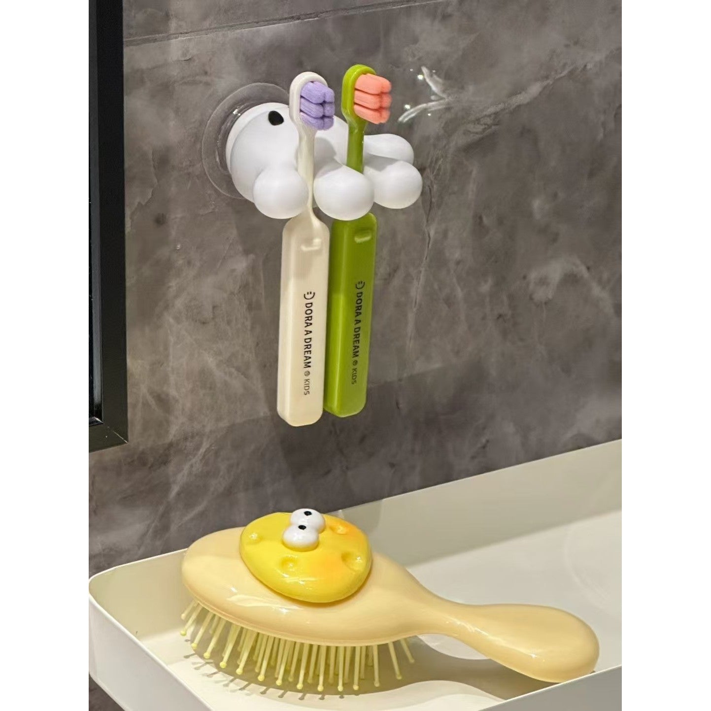 Suport de Baie, Kadeny, Multifunctional, pentru Periute/Cabluri, din PVC, cu Ventuza, Model Manusa Mickey Mouse, 7 x 6.5 cm, Alb