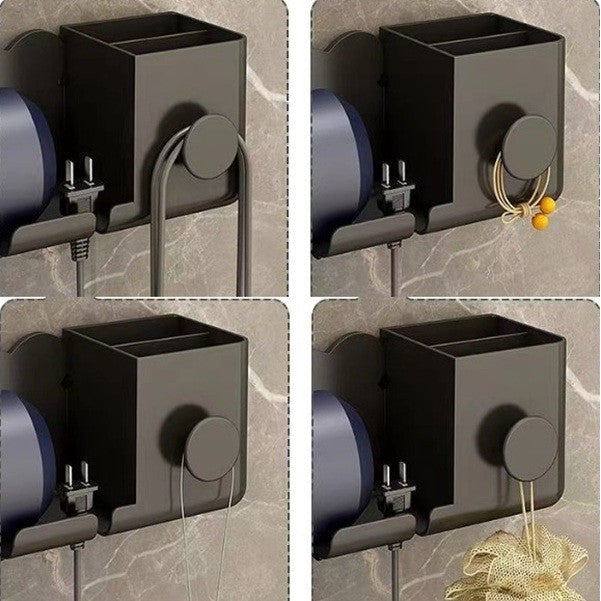 Suport de Baie, Kadeny, pentru Uscator de Par, cu Organizator Dublu, din Plastic, Aplicare cu Suport Adeziv, 23 x 8.8 x 9.5 cm, Negru