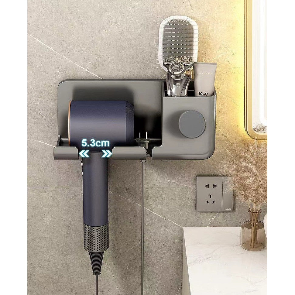 Suport de Baie, Kadeny, pentru Uscator de Par, cu Organizator Dublu, din Plastic, Aplicare cu Suport Adeziv, 23 x 8.8 x 9.5 cm, Gri